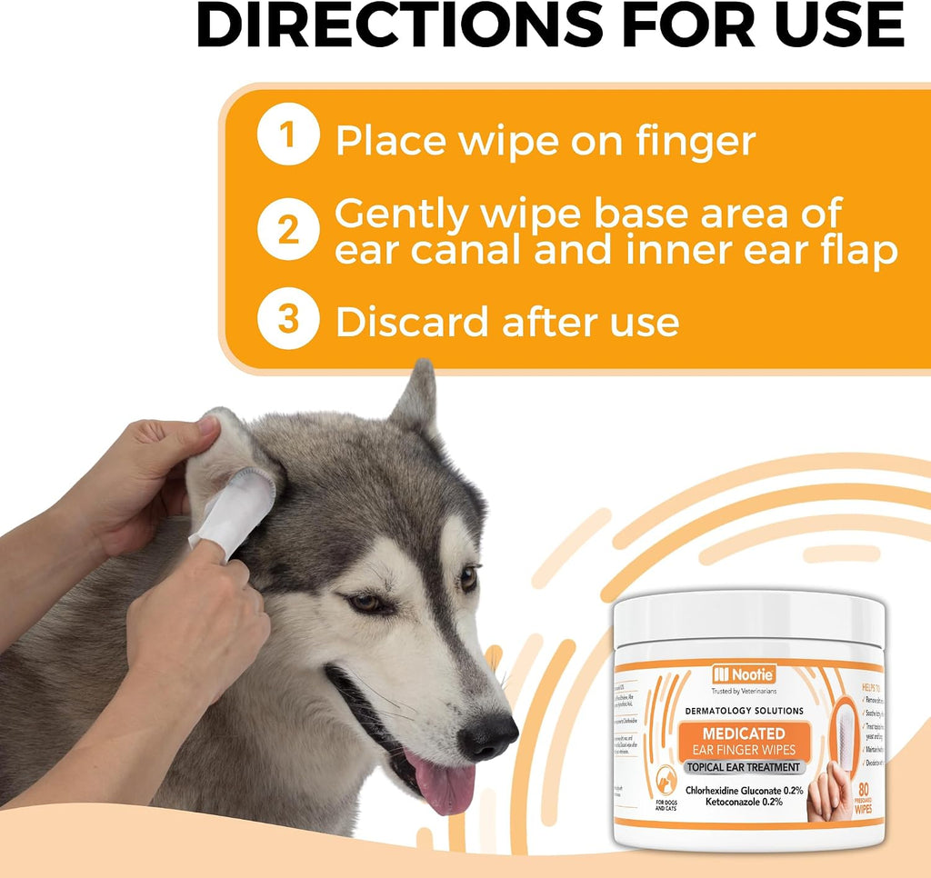 Nootie Medicated Ear Finger Wipes with Chlorhexidine for Dogs, Made in USA