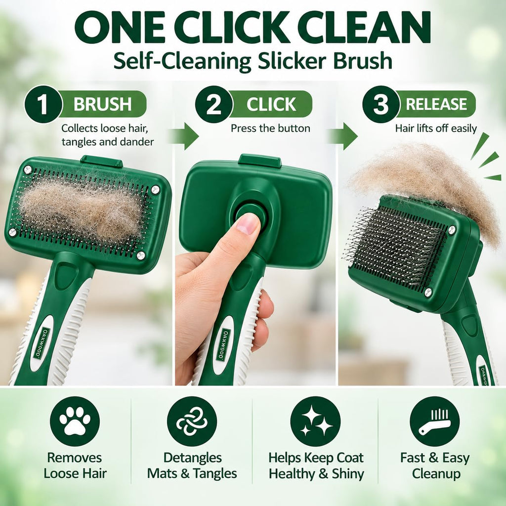 Oakwood by Libman Self Cleaning Slicker Brush for Dogs & Cats – Dog Brush for Shedding, Detangling & Grooming – Removes Loose Hair, Tangles & Dander – Click-to-Clean – Long, Short, Curly & Wiry Coats