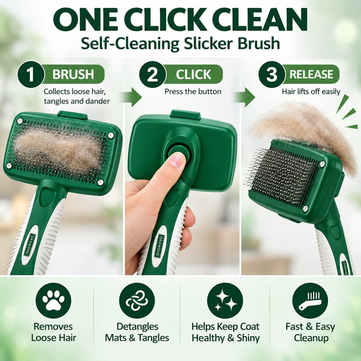 Oakwood by Libman Self Cleaning Slicker Brush for Dogs & Cats – Dog Brush for Shedding, Detangling & Grooming – Removes Loose Hair, Tangles & Dander – Click-to-Clean – Long, Short, Curly & Wiry Coats