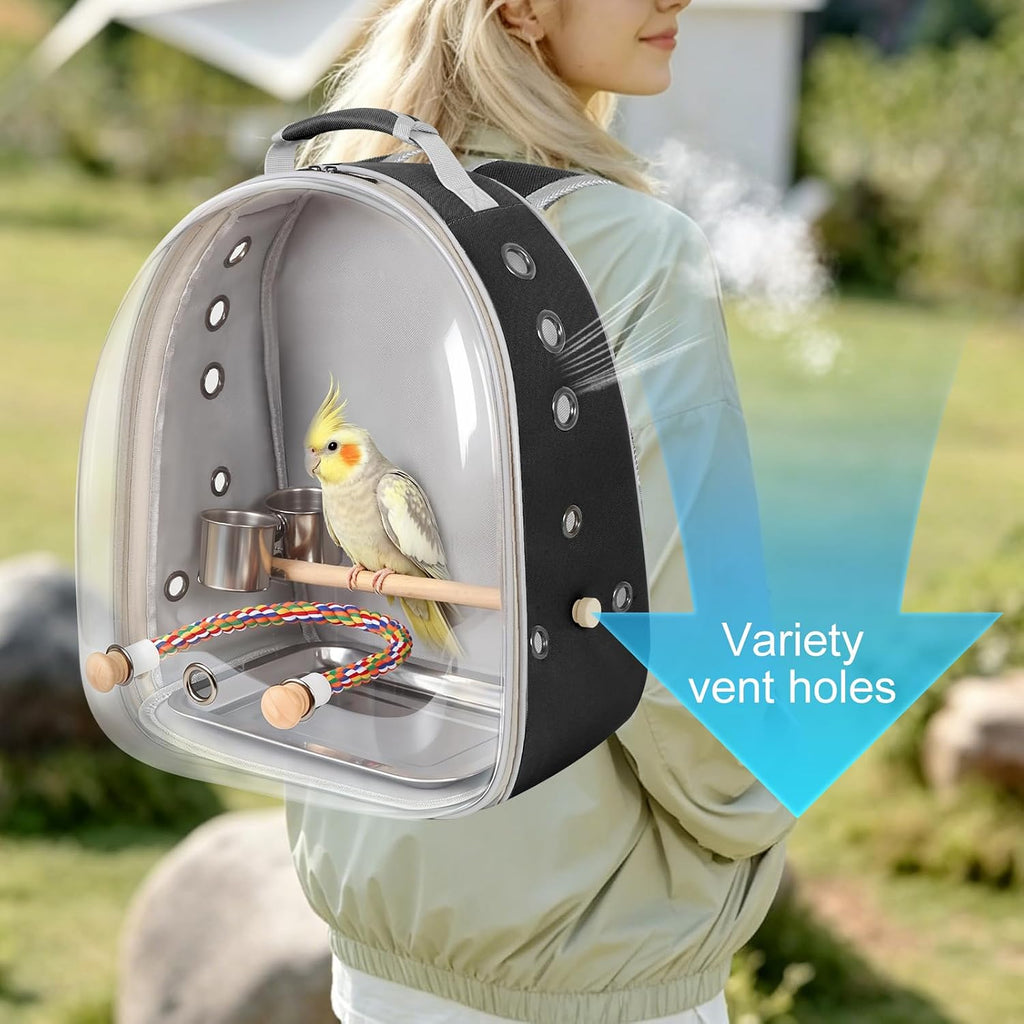 Bird Traval Carrier Cage, Multi Vent Holes Clear Space Capsule Astronaut Backpack to Carry Parakeet Cockatiel Parrot with Metal Tray Wood Perch, Vet Transport Bag