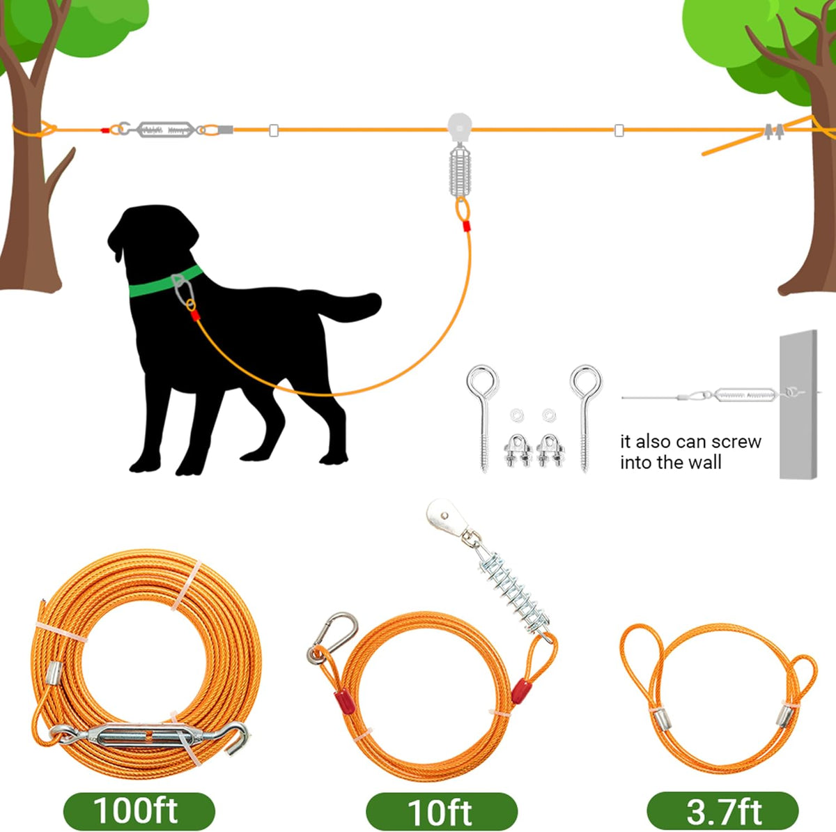100ft Dog Runner Cable & 10ft Chew Proof Lead with Buffer for Yard