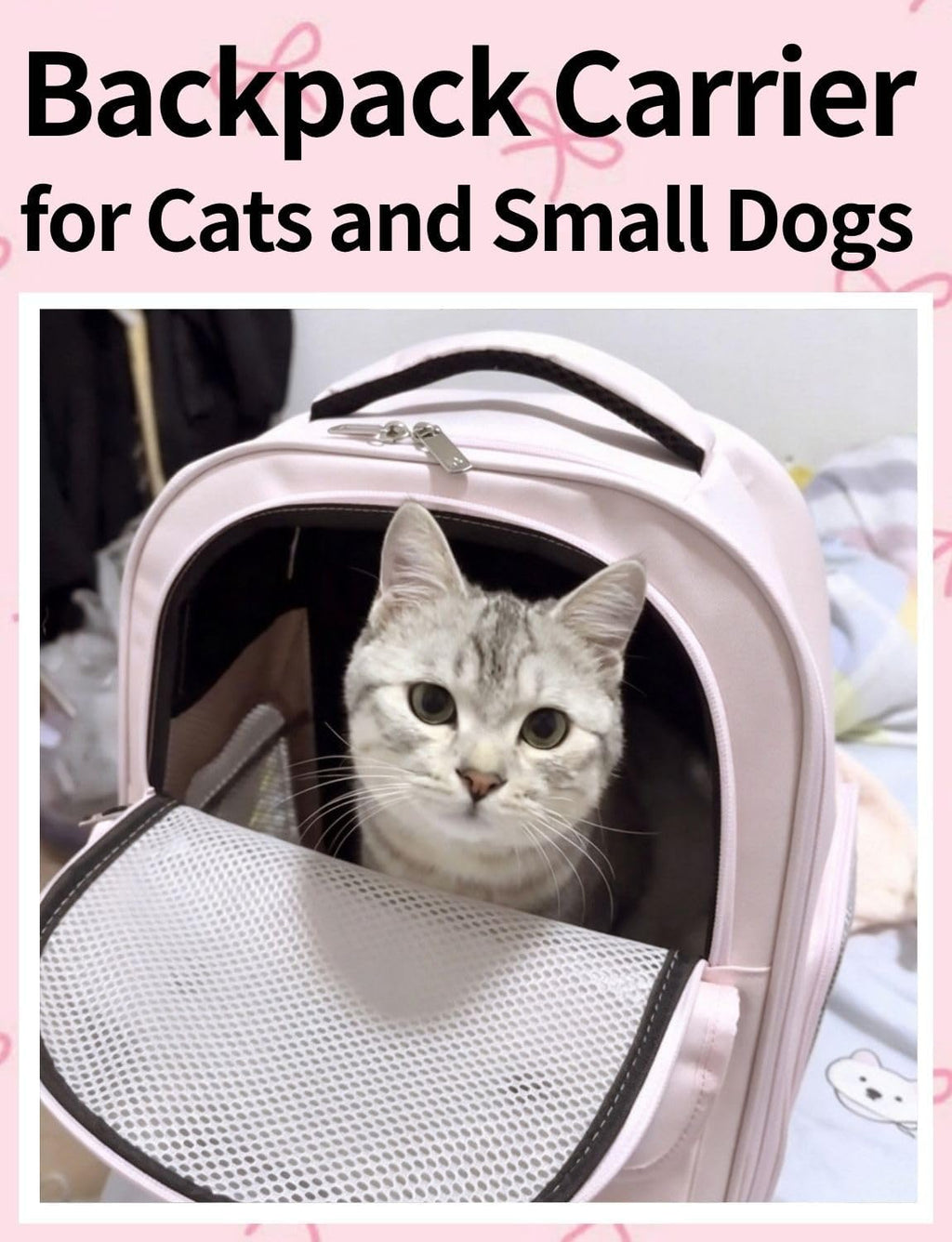 Cat Backpack Carrier for Cats and Small Dogs, Cute Puppy Backpack with Bow
