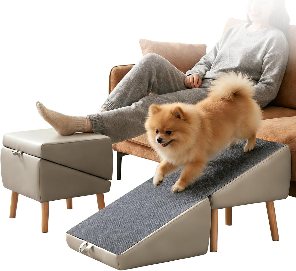 Split Ottoman Dog Ramp for Couch, 17.52" H Dog Stairs for Small Dogs and Cats, Foldable Pet Steps for Puppy and Medium/Senior Dogs,Non-Slip and Portable (Light Yellow)