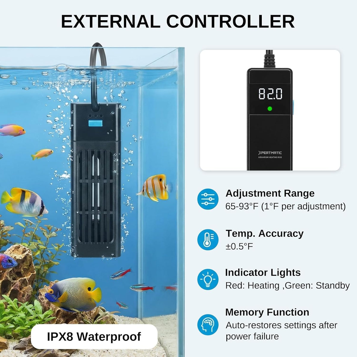 XPERTMATIC Aquarium Heater 200W Submersible Fish Tank Heater for 15–26 Gal