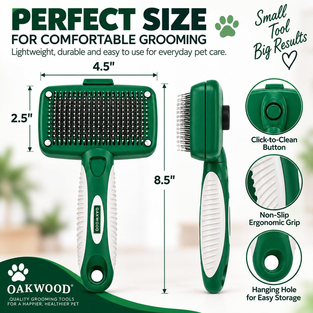 Oakwood by Libman Self Cleaning Slicker Brush for Dogs & Cats – Dog Brush for Shedding, Detangling & Grooming – Removes Loose Hair, Tangles & Dander – Click-to-Clean – Long, Short, Curly & Wiry Coats