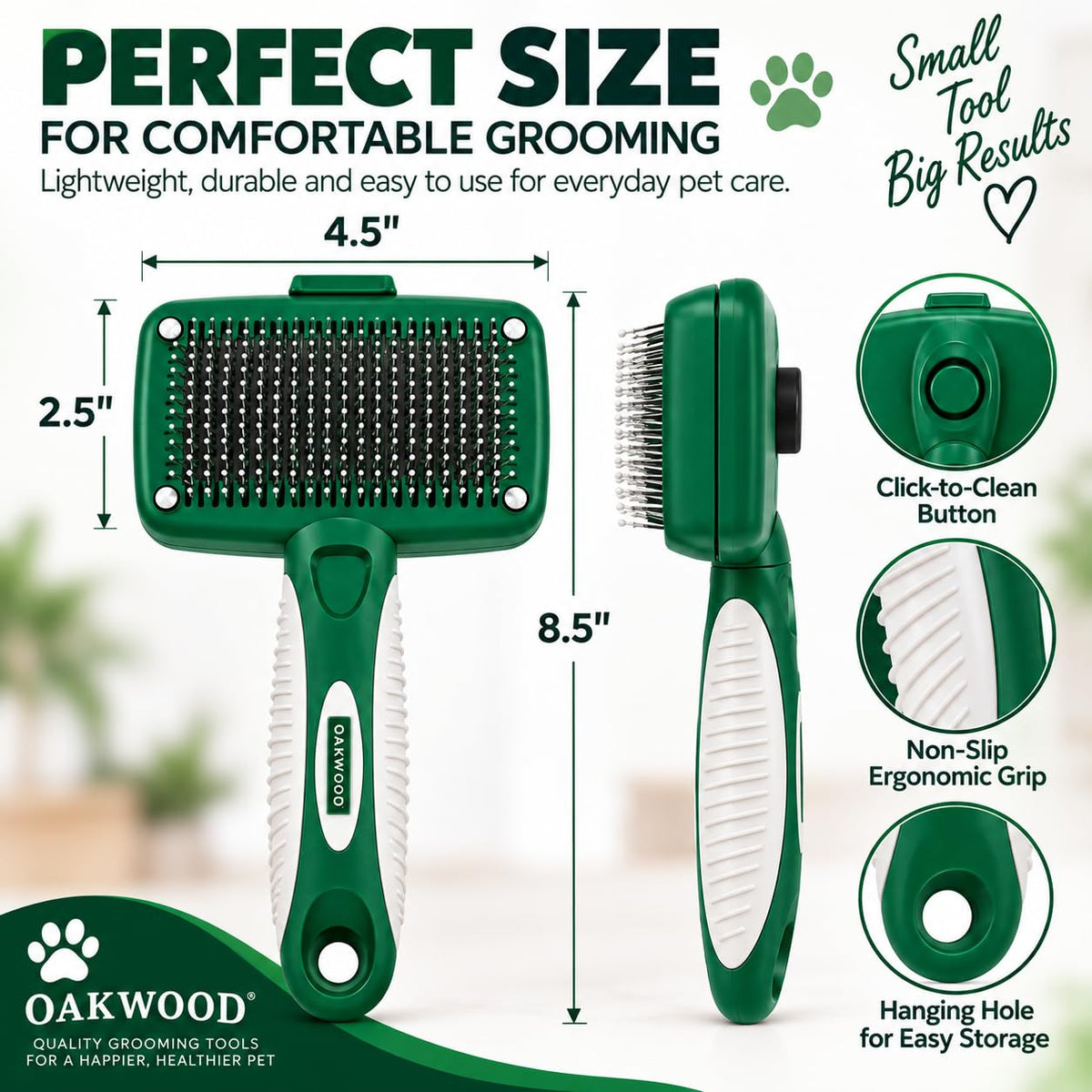 Oakwood by Libman Self Cleaning Slicker Brush for Dogs & Cats – Dog Brush for Shedding, Detangling & Grooming – Removes Loose Hair, Tangles & Dander – Click-to-Clean – Long, Short, Curly & Wiry Coats