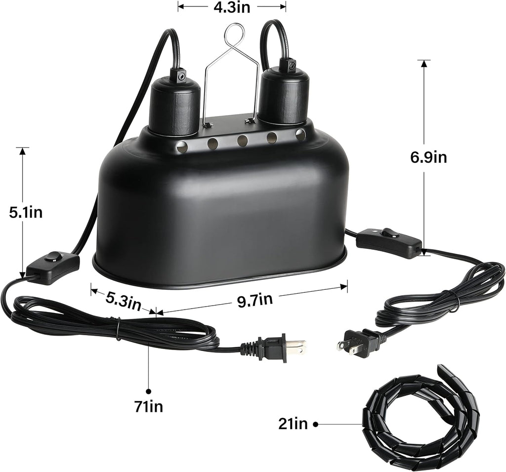 Simple Deluxe Dual Reptile Light Fixture, Aluminum Reflector Dome Lamp Cap, Combo Heat-Lighting Lamp Double Sockets Bulbs Holder with Independent Switches, for Amphibians Terrarium, Turtle Tank