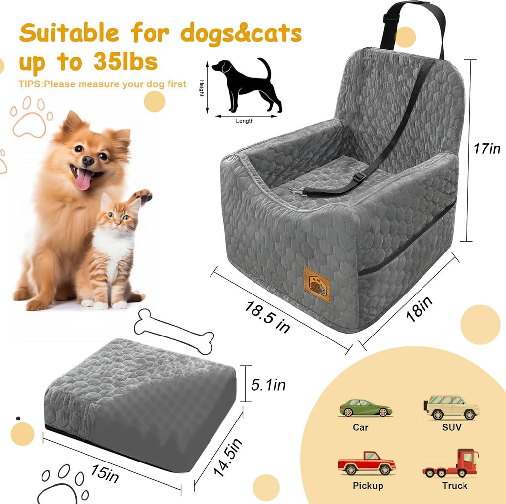 Dog Car Seat for Small/Medium Dogs, Memory Foam Dog Booster Seat, Travel Safety Per Car Seat with Washable Removable Cover, Storage Pockets for Dogs up to 35 lbs