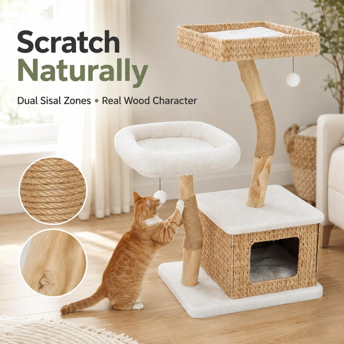 39” Modern Cat Tree Tower for Indoor Cats - Multi-Level Solid Wood Cat Condo w/Caves, 2 Large Perches, Scratching Posts, Hanging Toy for Large Cats Adult - Luxury Boho Pet Furniture