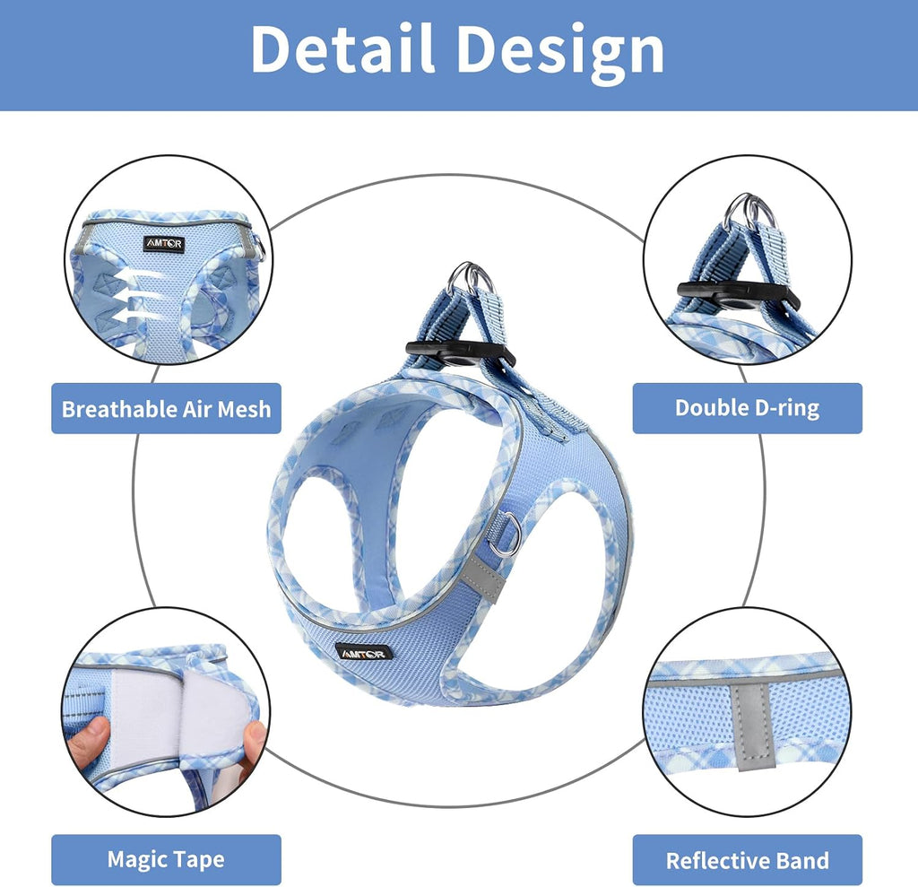AMTOR Small Dog Harness with Leash Set, No Escape Easy Walk Puppy Harnesses for Training Walking, Step-in Reflective Soft Dogs Vest for XS S Medium Extra-Small Large Sized Dog(Blue/White,XXS)