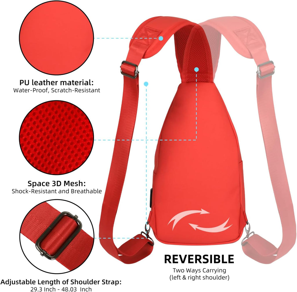 Sling Bag Small Crossbody Backpack Chest Bags Daypack with USB Cable Travel (Red)
