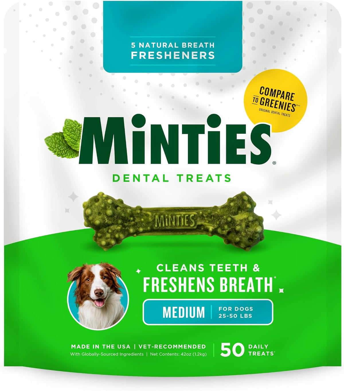Minties Mint Dental Chews for Dogs, Medium Breeds 25-50 lbs, 50 Count