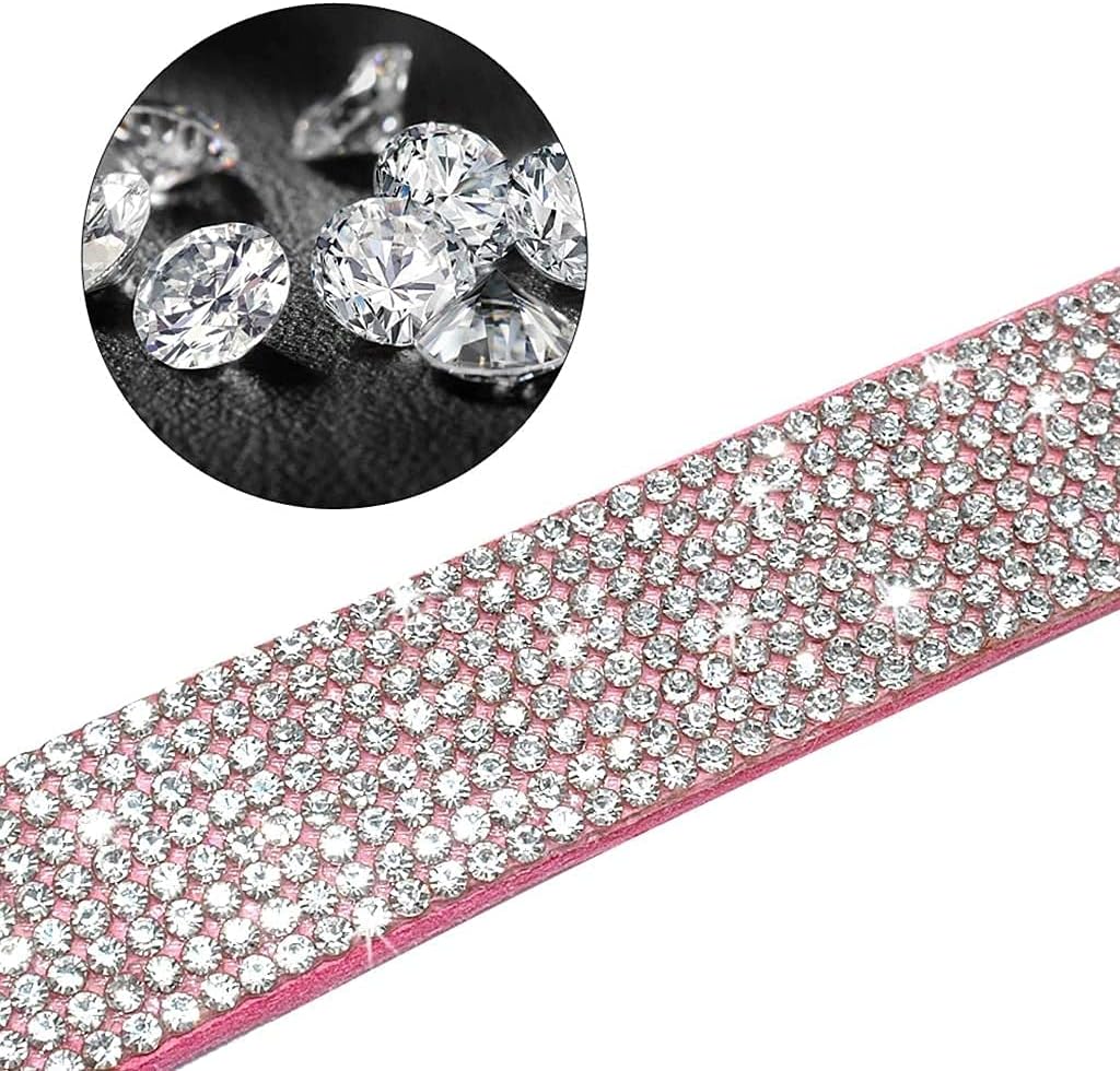 Cute Dazzling Sparkling Elegant Fancy Soft Suede Leather Bling Rhinestone Crystal Jeweled Pet Cat Dog Puppy Collar Dog Leash Combo Set (XXS(Neck 6-8"), Pink)