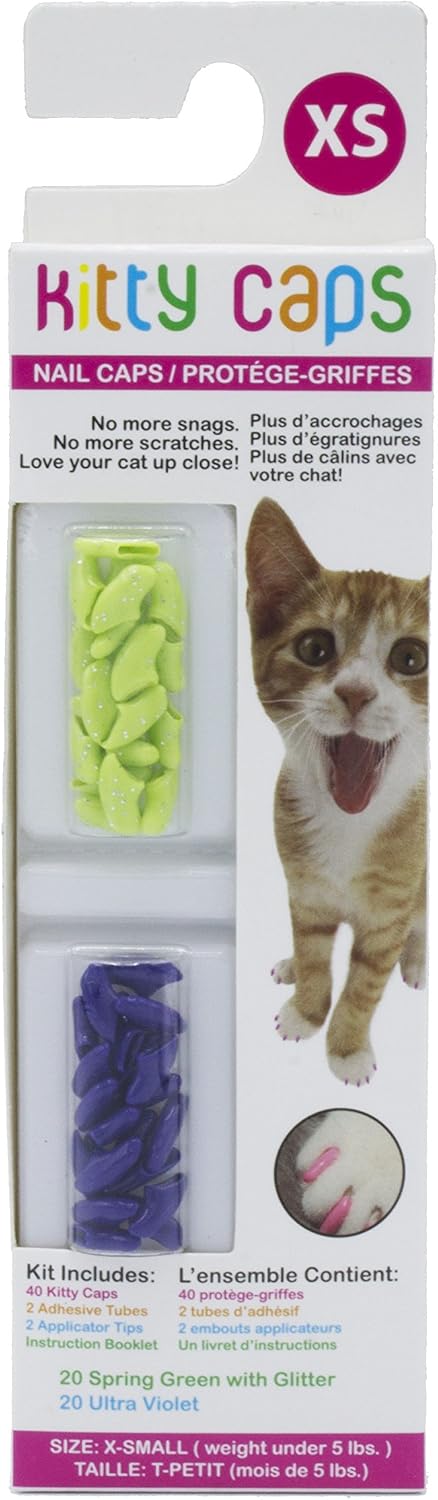 Kitty Caps Nail Caps for Cats, Spring Green with Glitter & Ultra Violet - Safe, Stylish & Humane Alternative to Declawing Stops Snags & Scratches, X-Small (Under 5 lbs), 40 Count