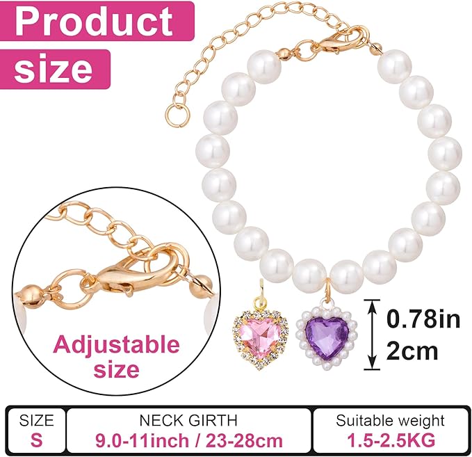 2pcs Cat Pearl Collar with Heart Pendant, Cute Pearl Pet Necklace in Small - Image 2