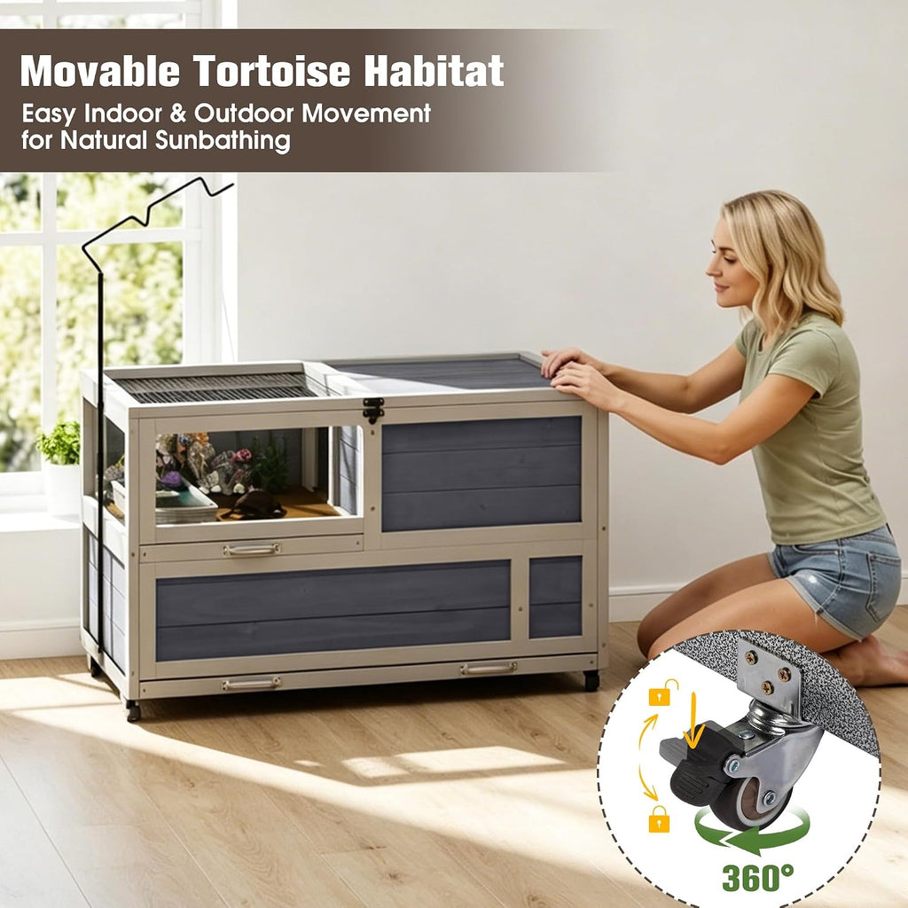 2-Tier Tortoise Habitat, Large Rolling Tortoise Enclosure House, Grey