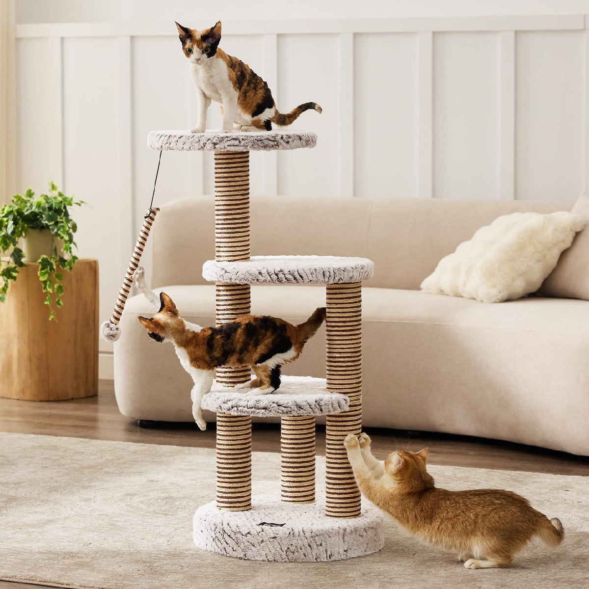 Cat Tower, Multi-Level Climbing Tree with Spacious Elevated Perches, Scratching Posts, Dangling Toy Ball, Durable Cat House Furniture for Indoor Kittens & Large Adult Cats.