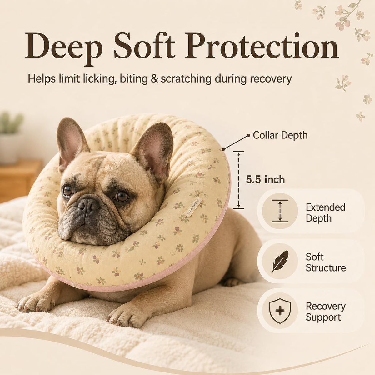 Deep Soft Recovery Collar for Dogs & Cats, Cotton Alternative to E-Collar, Adjustable Lightweight Pet Cone, Anti-Lick for Surgery & Wounds, Medium (Neck 10"-13.5"),Flower Pattern