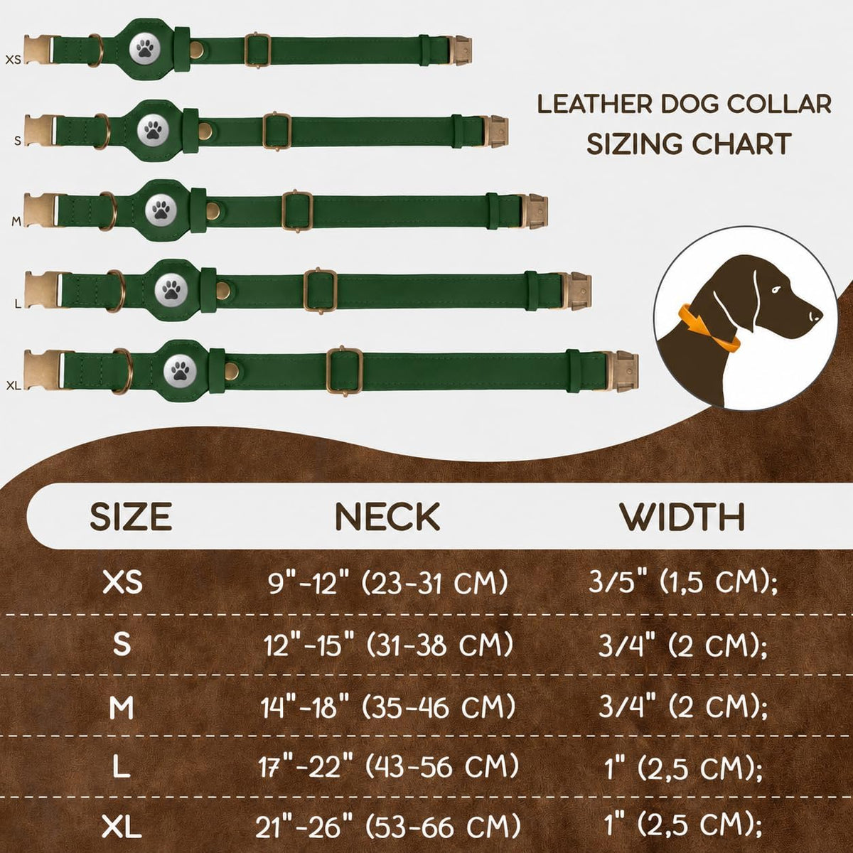 Dog Collar with AirTag Holder - Genuine Leather Dog Collar with Metal Buckle and Compatible with Air Tag - Smart GPS Tracking Pet Collars (Dark Green, S, 12"-15" Neck Fit)