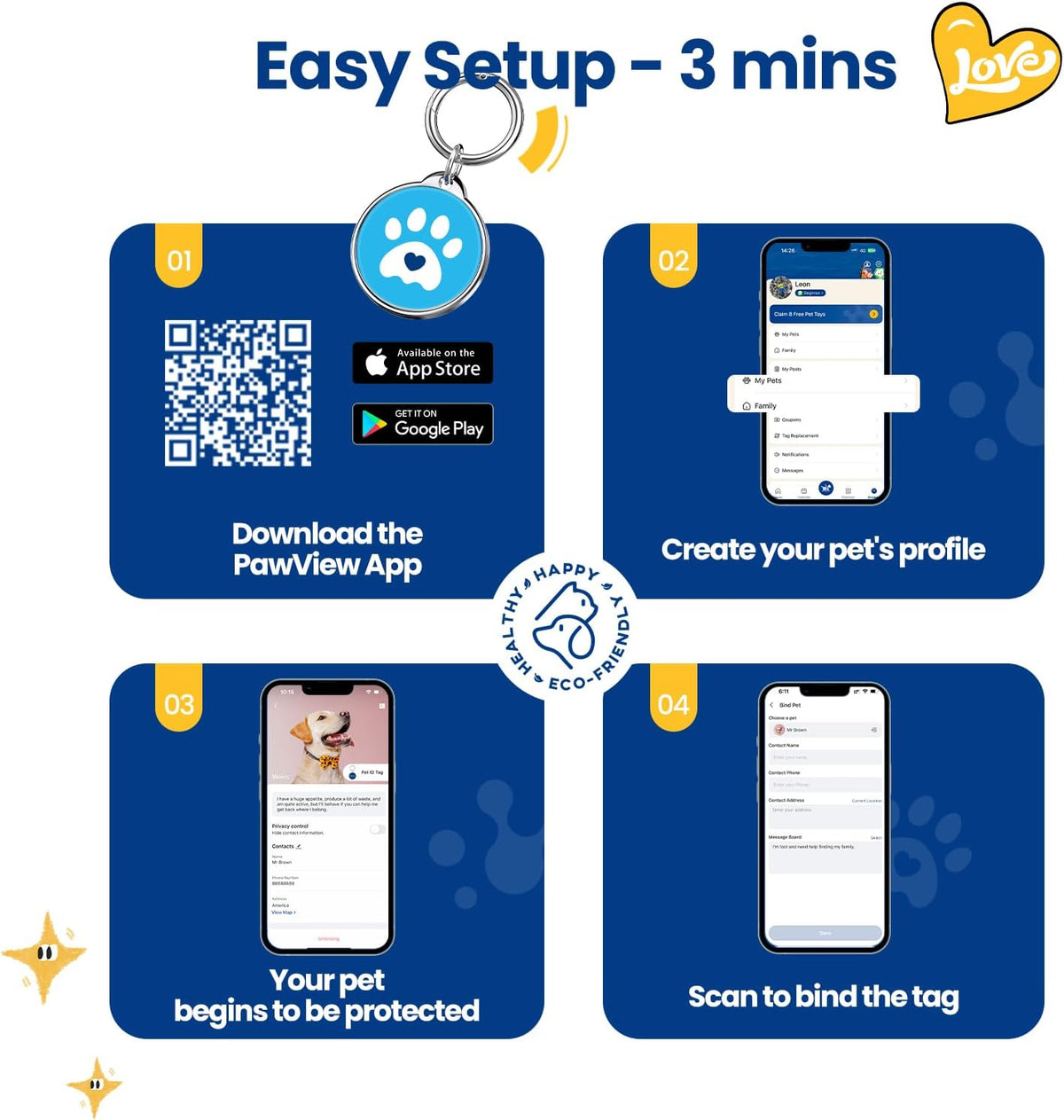 QR Code Pet ID Tag, Updatable Profile Dog Tag for Dogs & Cats