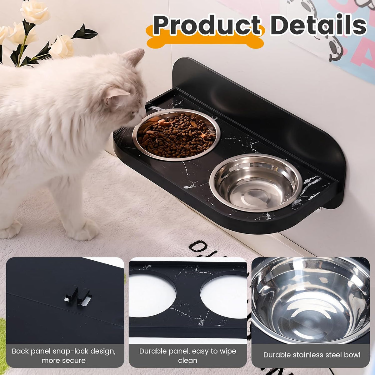 Raised Wall Mount Cat Dog Bowls, Adjustable Height Double Stainless Steel Food Water Bowls, Anti-Spill Elevated Pet Feeding Set, Pet Feeder for Kittens, Puppies, Black