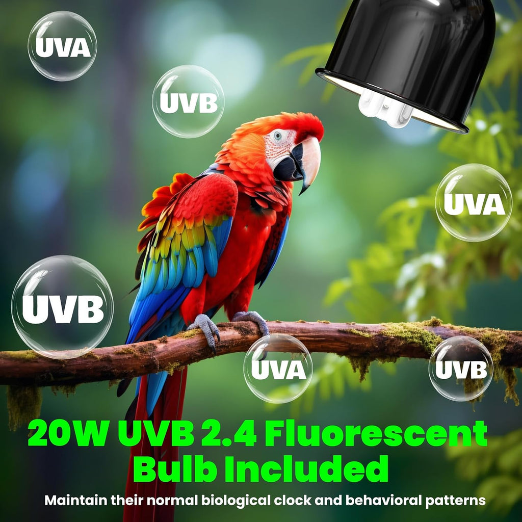 GlowUp Bird Cage Light Fixture Combo Kit, Deep Dome Lampshade with 2.4% UVB Bulb 20W, Bird Light for Captive Birds, Reptiles