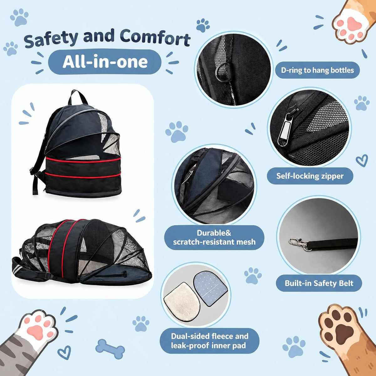 Expandable Cat Carrier Backpack, 2-in-1 Pet Tent for Cats & Small Dogs