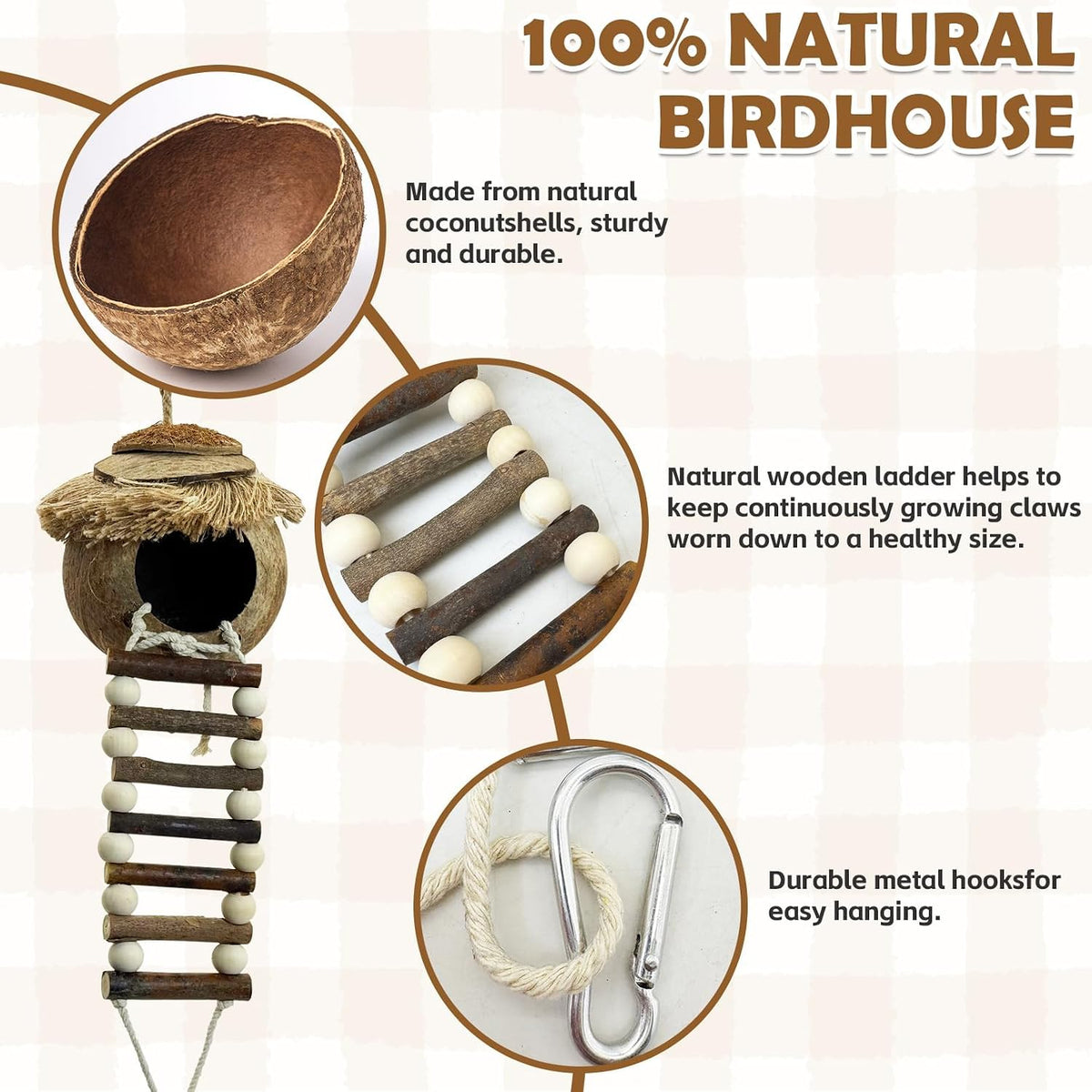PINVNBY Hanging Coconut Bird Nest Hut with Ladder, Natural Coconut Hide Lovebird House Fruit Wood Bird Swing for Parakeet Cockatiel Budgie Conure Canary Finch Budgies