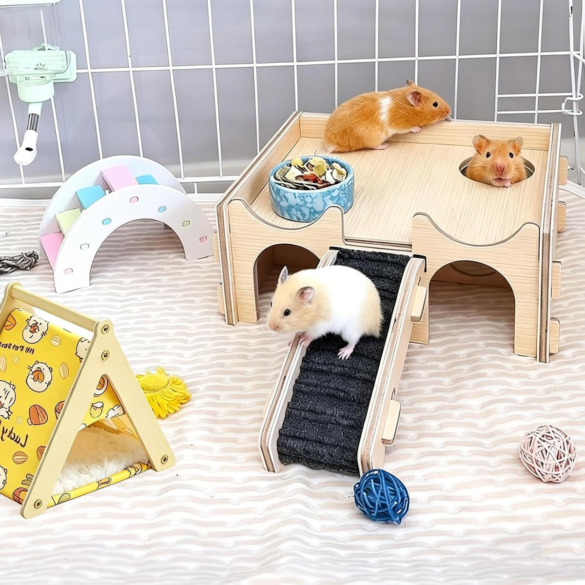 Wooden Hamster Hideout,Multi-Chamber Hide House with Bowl & Tent