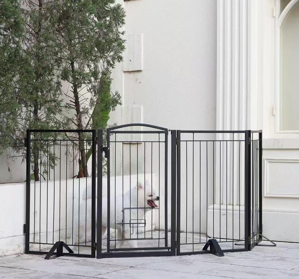 Full Metal Freestanding Dog Gate with Cat Door for Indoor & Outdoor,32" Tall 80" Extra Wide Foldable Dog Fence,Free Standing Pet Gate for Stairs,Porch,Deck,Yard,Doorways(Black)
