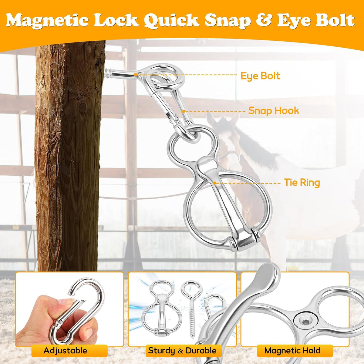 4 Pack Horse Tie Ring with Eye Bolt & Safety Snap, 304 Stainless Steel High Strength Training Equipment for Stable, Barn, Fence, Trailer (Stainless Steel, White)