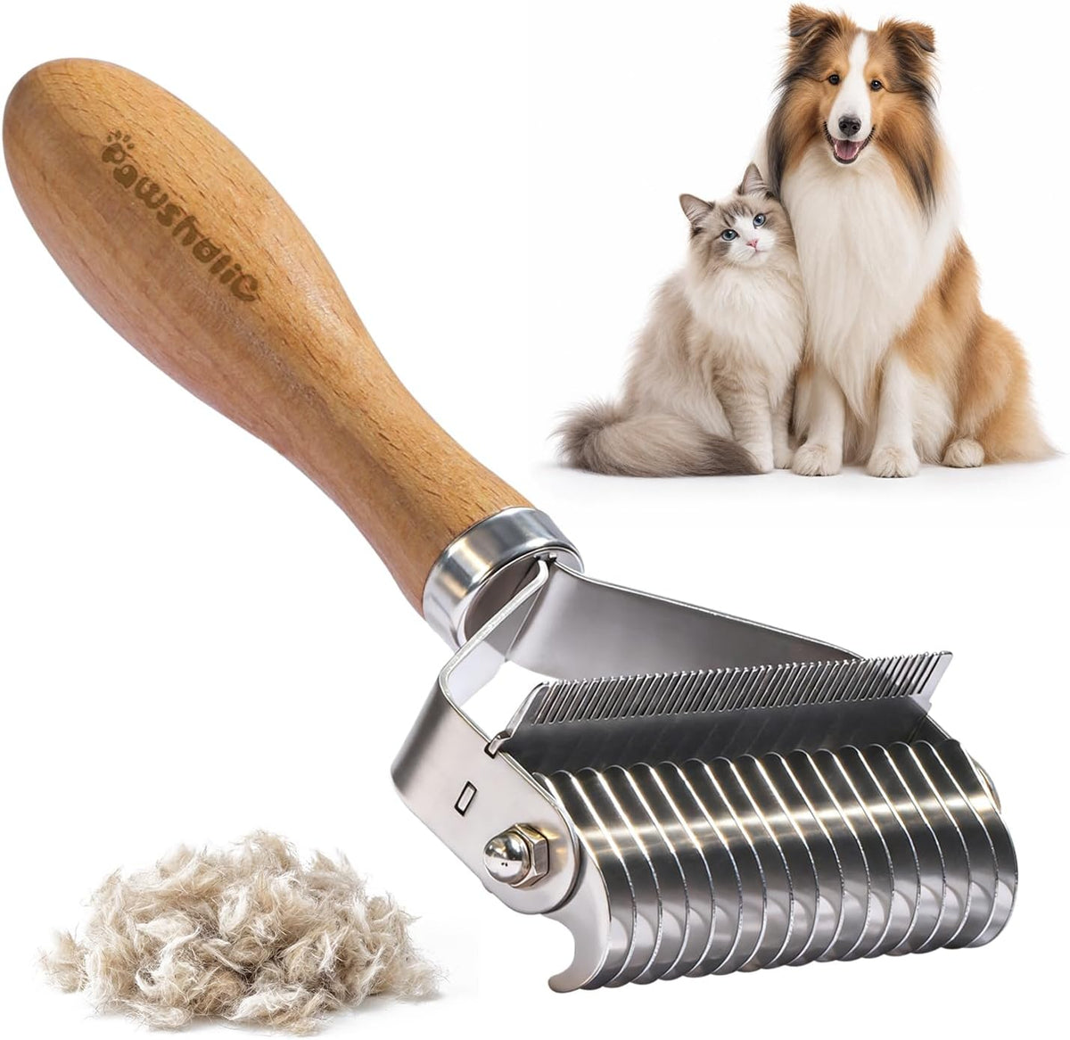 Undercoat Rake for Dogs - Professional Pet Shedding Dematting Comb with Wood Handle, Stainless Steel Blades for Pet Cats Dogs Matted Hair Tangles Removing