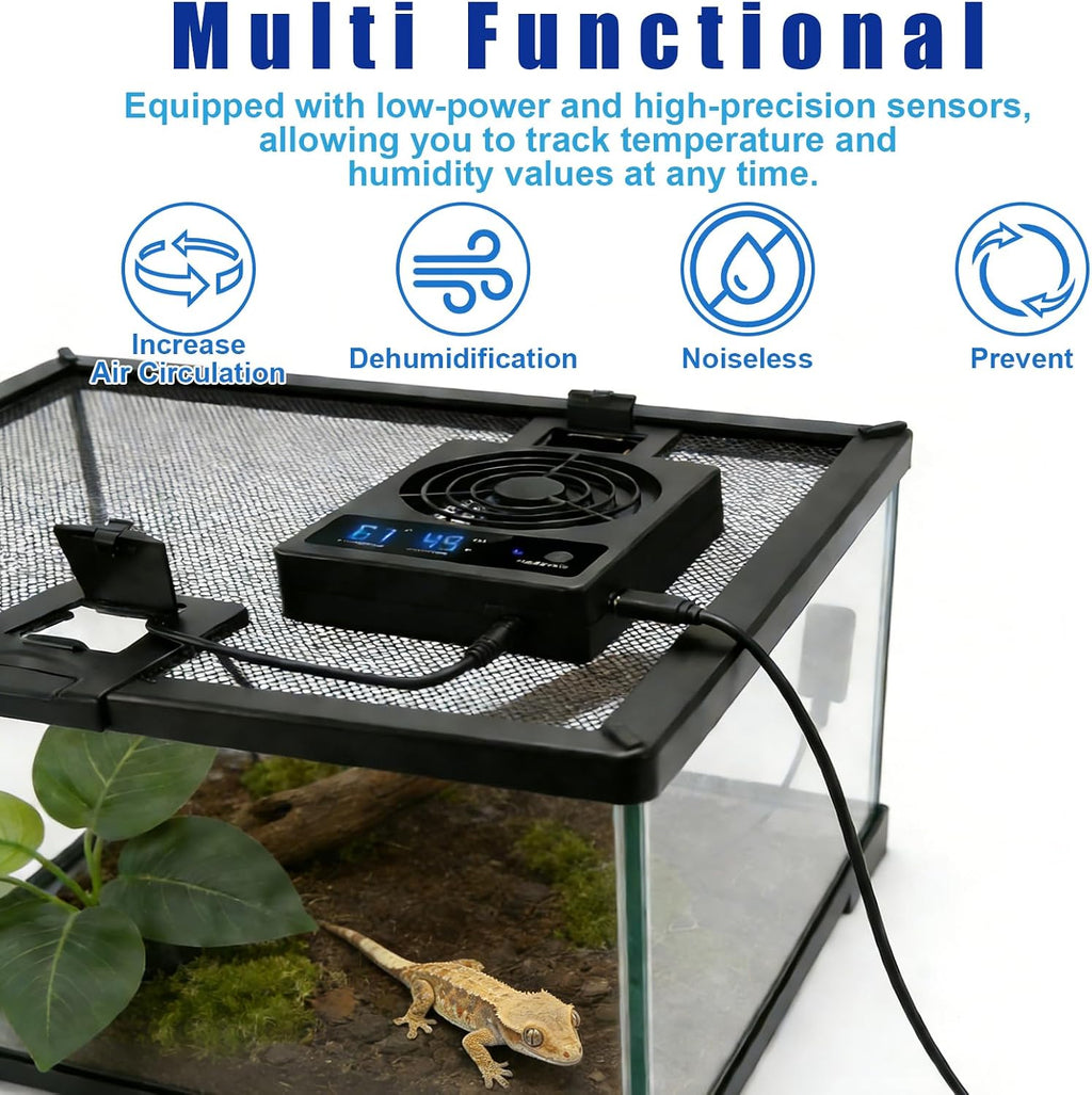 kathson Reptile Ventilation Fan with Humidity Sensor, Reptile Dehumidifier with LED Digital Thermometer for Reptile Enclosure and Terrarium, Terrarium Fan for Snake Bearded Dragon Gecko