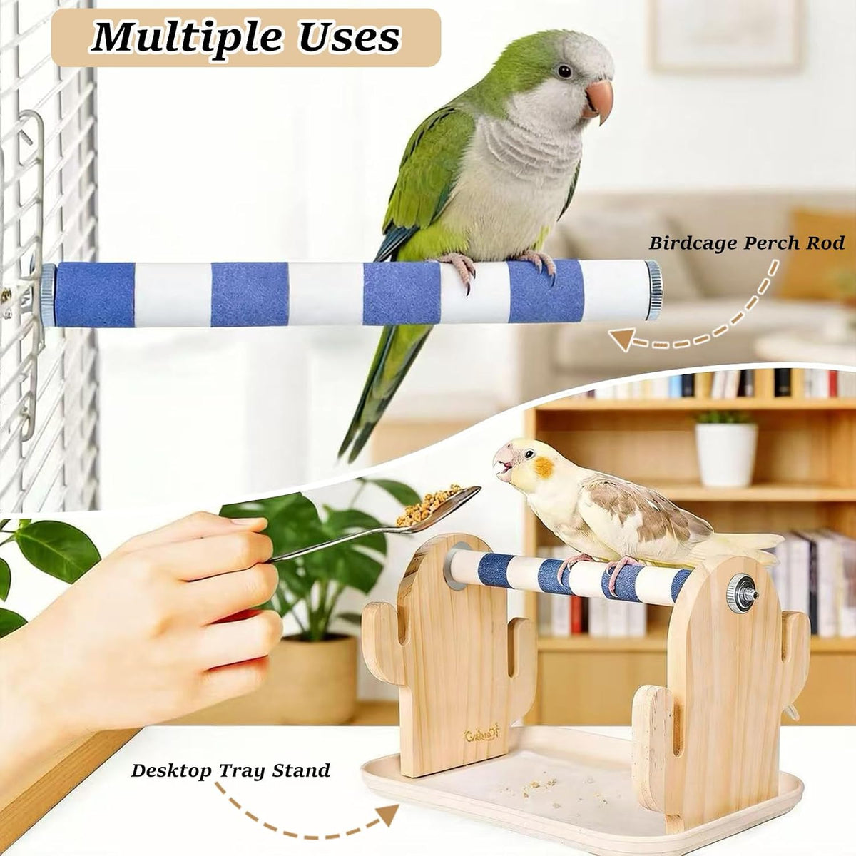 Wood Bird Perches Stand，2-in-1 Parrot Perch Stand，Portable Bird Stand，9.1''L*5.3''W*5.7''H Bird Training Perch with Removable Plastic Tray for Small and Medium-Sized Birds Play Stand(Room-Blue)