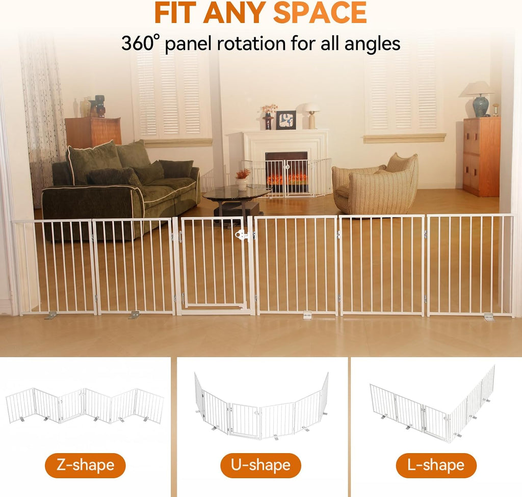 BFNN 60" W Free Standing Dog Gate Indoor for Doorways, Extra Wide Metal Foldable Pet Gate with Walk-Thru Door, 24" Tall Puppy Fence for Stairs, Outdoor, No Drill Barrier for Small & Medium Dogs