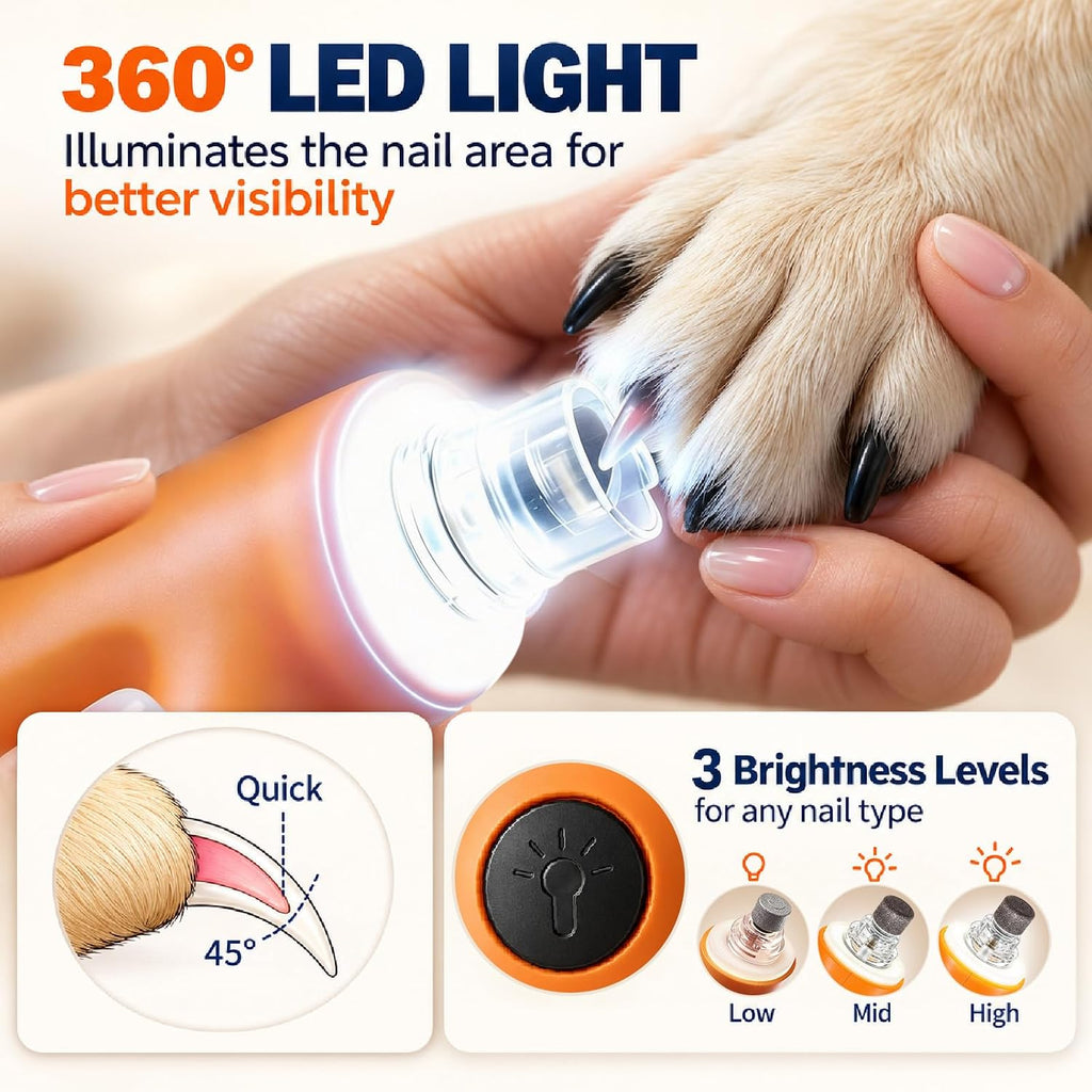 Dog Nail Grinder, Whisper-Quiet Stepless Speed, 360° LED Light Pet Trimmer