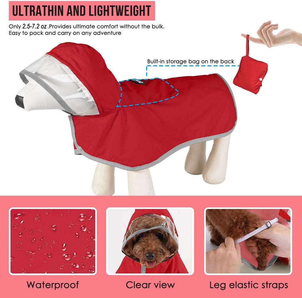 Lukovee Dog Raincoat, Ultra-Light Rain Jacket with Hood & Leash Hole, L