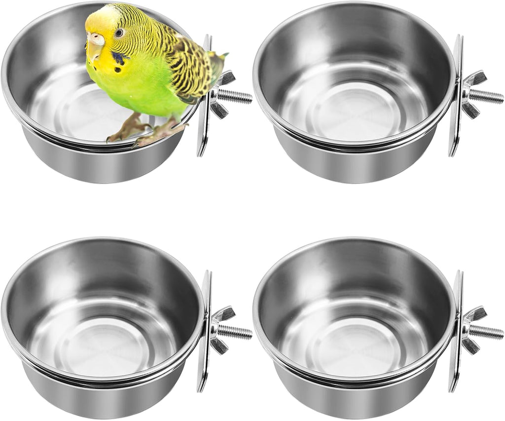 kathson 8 Pack Bird Feeding Dish Cups, Stainless Steel Parrot Feeders Water Cage Bowls with Clamp Holder Bird Feeders for Parakeet Cockatiels Conure Budgies Lovebird Finch and Small Animals