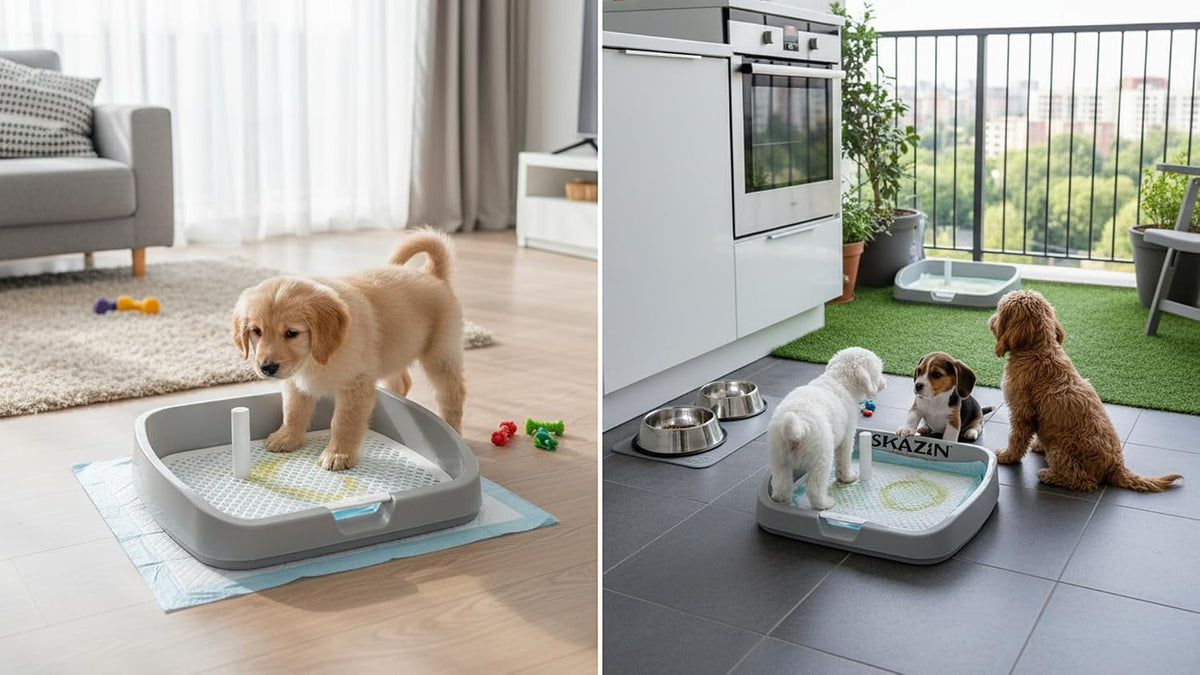 Dog Pee Pad Holder Tray with Raised Non-Locking Grate, Indoor Puppy Potty Training Pad Holder, Removable Training Post, Leak-Proof Design for Small to Medium Dogs, 21" L x 5" W x 17" H