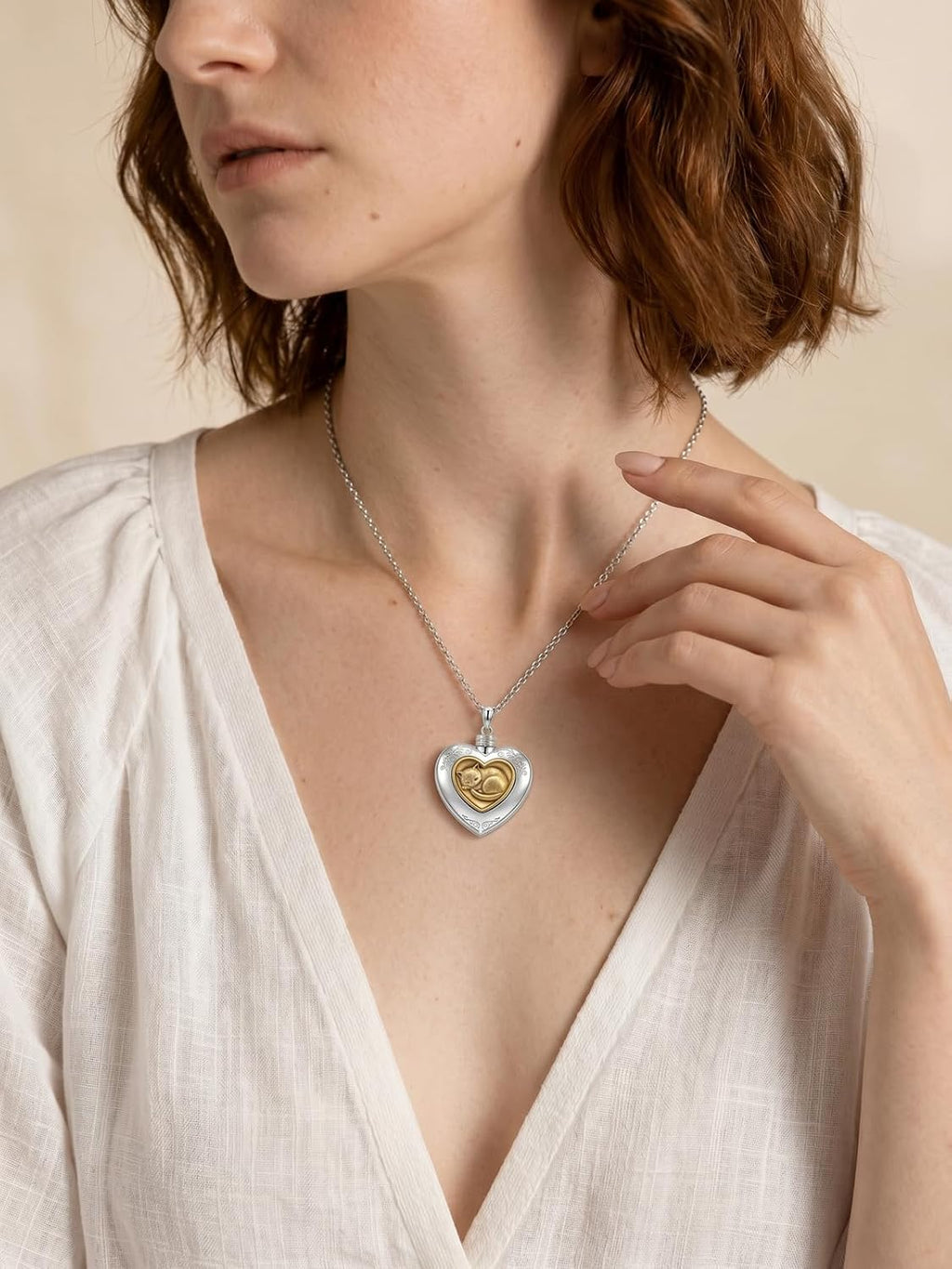 Cat/Dog Cremation Urn Necklace 925 Sterling Silver Two-Tone Heart Pet Urn Necklace Ashes Keepsake Memorial Urn Necklaces for Ashes Adjustable 16+3 Inch with Funnel