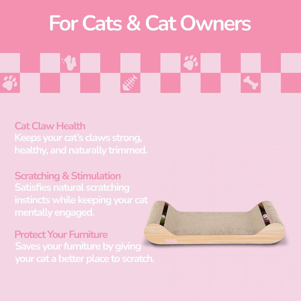 Rini 23.75" Modern Corrugated Cardboard Lounge Bed with Built-in Bell Toys and Catnip, Ergonomic Curved Sofa Scratcher for Indoor Cats, Oak Wood Finish CSR1003C