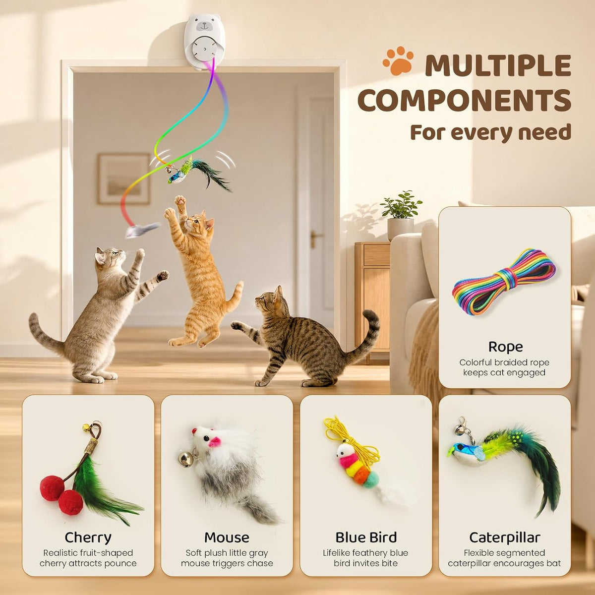 Interactive Cat Toys for Indoor Cats, Automatic Rechargeable Hanging Feather Wand with Flying Motion, 4 Packs Replaceable Accessories, Exercise Enrichment Toy for Cats, Long-Lasting USB Charging