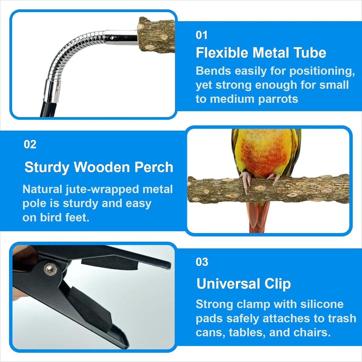 Bird Perch Stand for Trash Can, Adjustable & Portable Parrot Stand, Bendable Bird Training Perch for Cockatiels, Conures, Lovebirds and Medium & Small Parrots
