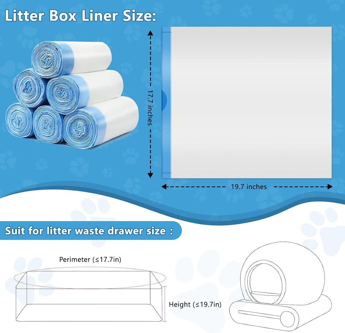 Kitcanis 120count Cat Litter Box Liner Automatic Litter Box for Cat Polyethylene Compatible with MeoWant MW-SC01/MW-SC02 1.5 Mil Heavy Disposable Scent Free 22lb Load, 17.7 x 19.68 in