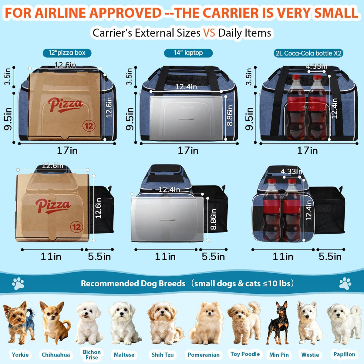 Petskd Top and Side Expandable Small Pet Carrier Airline Approved, Blue