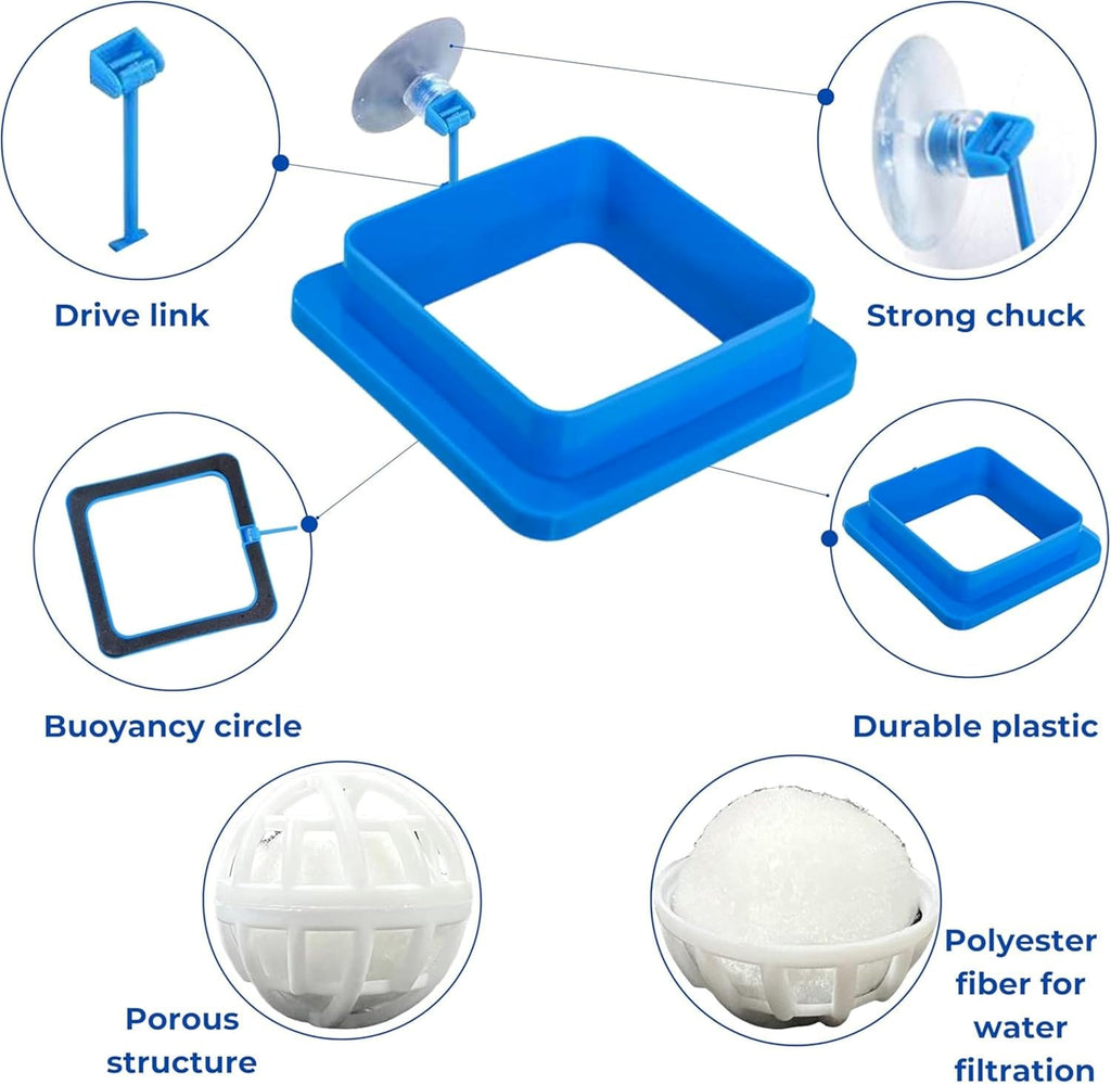 2pcs Aquatic Turtle Tank Accessories Feeding Ring and 2pcs Nitrifying Balls Set, Fish Food Holder and Aquatic Toys for Turtles Tortoise Goldfish Guppy Koi Puffer (Blue, Square+Round)