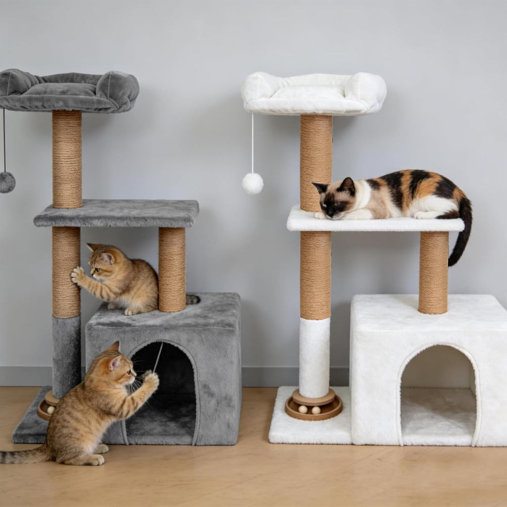 Small Cat Tree for Indoor Cats, Activity Cat Tower with Scratching Post for Kittens, Modern Cat Furniture with Basket & Hanging Ball for Play Rest, Grey