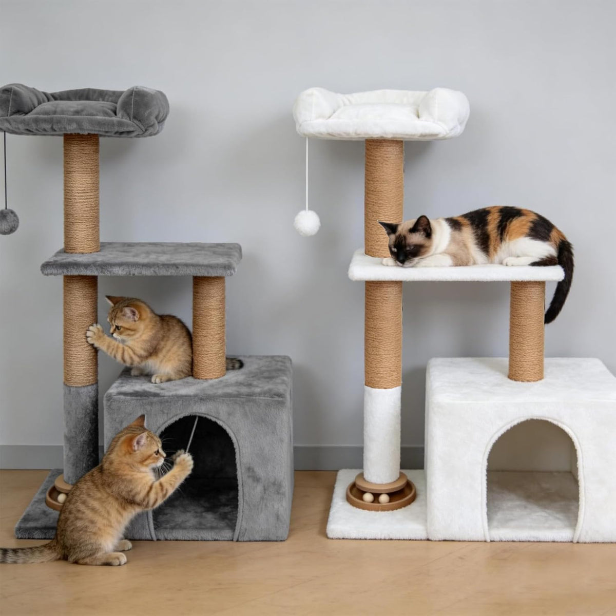 Small Cat Tree for Indoor Cats, Activity Cat Tower with Scratching Post for Kittens, Modern Cat Furniture with Basket & Hanging Ball for Play Rest, Grey