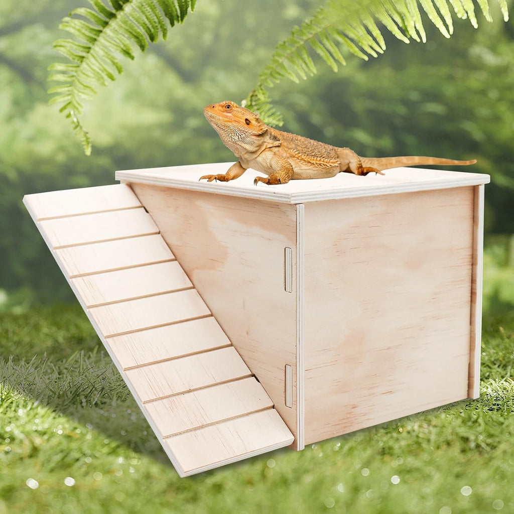 Bearded Dragon Hide Cave, Wooden Reptile Hideout with Climbing Ramp
