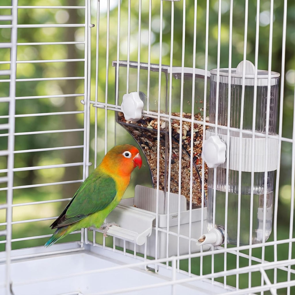 Novabright No Mess Bird Feeder Water Dispenser Set, Automatic Transparent Bird Food Container and 12 oz Automatic Water Feeder for Small Birds Parrot, Cockatoo, Canary, Cage, Lovebird, Budgies(White)